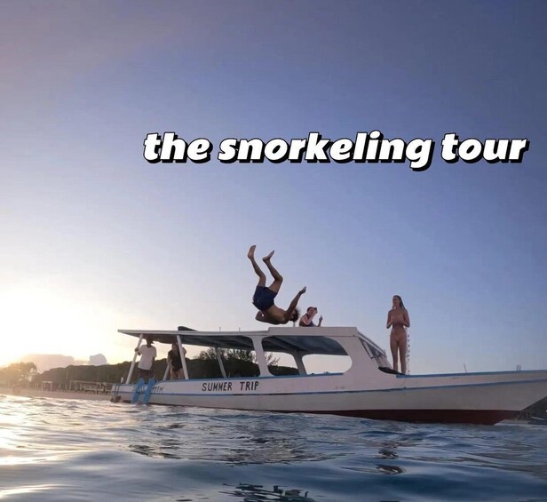 A boat with people on board, one person diving into the water, and the text 'the snorkeling tour' on the image. 1