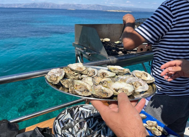 A person grilling oysters on a boat with a scenic ocean view in the background. 1