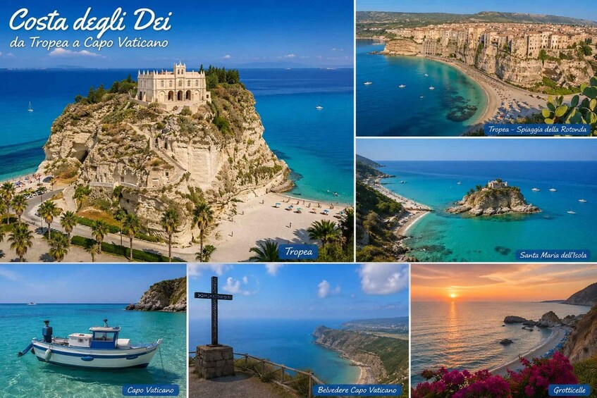 A coastal landscape with a historic building on a cliff, a beach, a boat, a cross, and a sunset view. 3