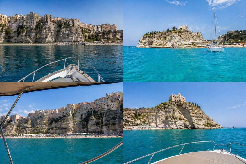 A coastal town with buildings on cliffs, a sailboat, and a castle on a hill. 2