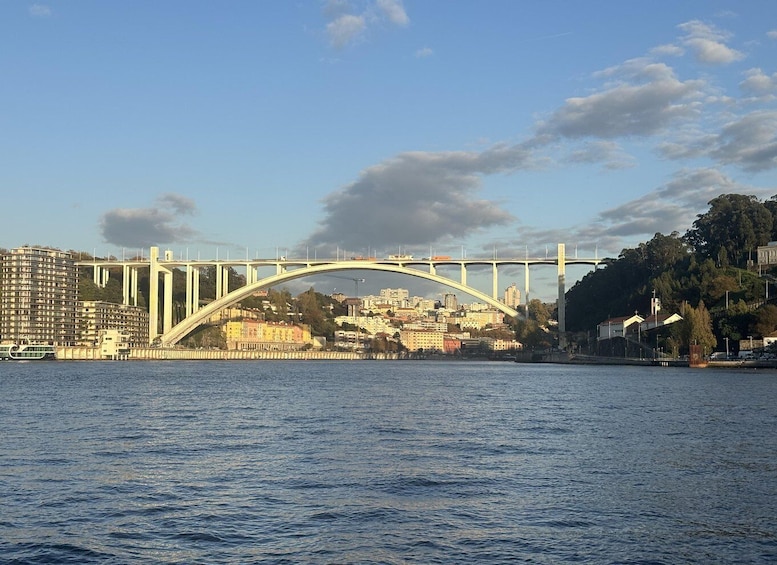 A white bridge over a body of water with buildings and trees in the background. 4
