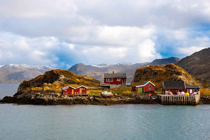 A cluster of red wooden houses on a rocky island with a fjord in the background. 4