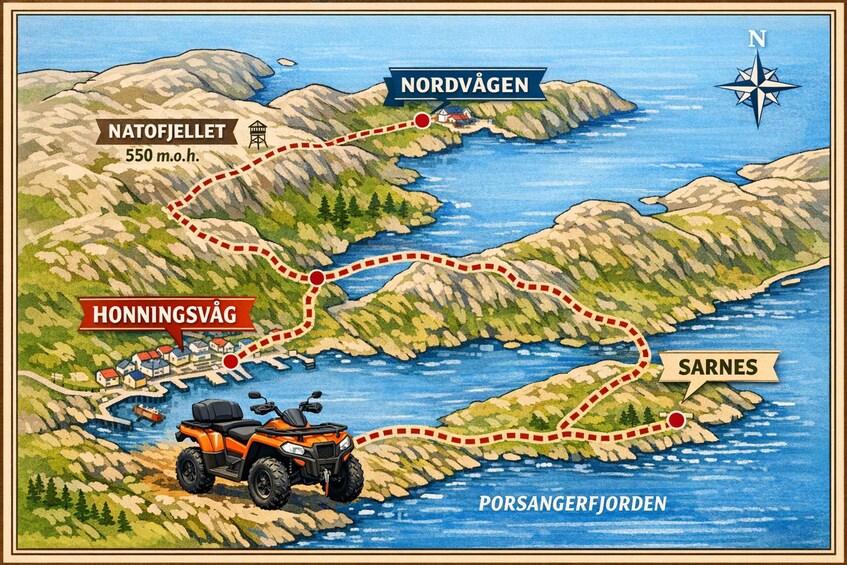 A map of a coastal region with towns like Natofjellet, Honningsvåg, and Sarnes, connected by winding roads. 1