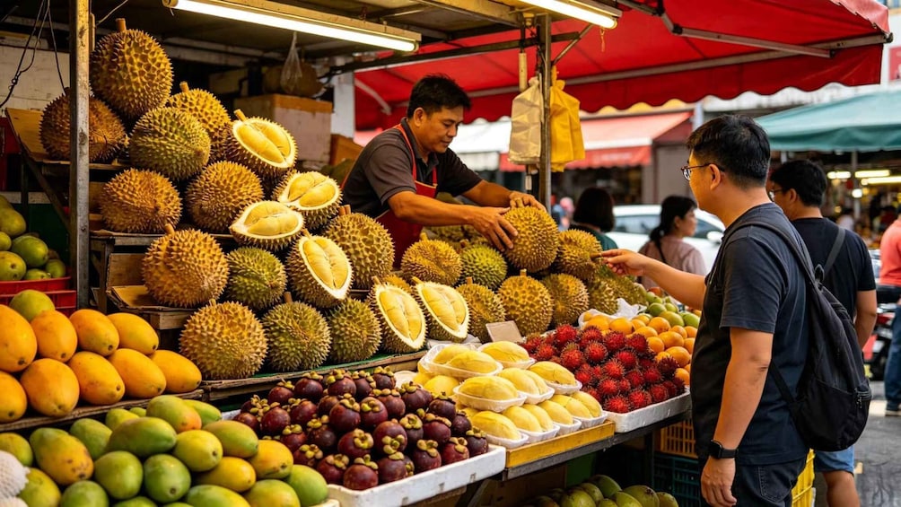 A fruit market with durians, mangoes, and rambutans on display. 1