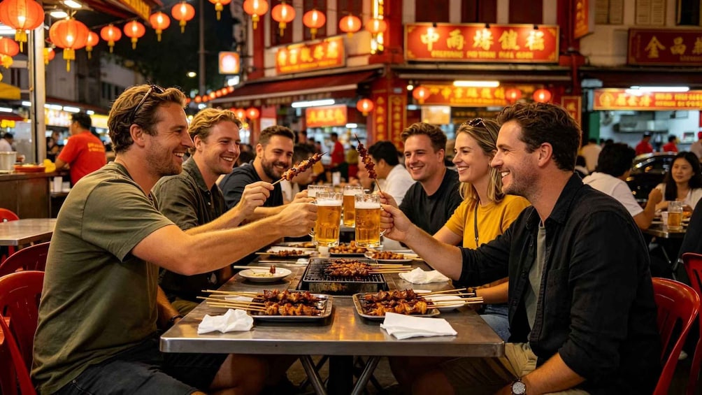 A group of people toasting with beer at a restaurant with red lanterns and Chinese signage. 4
