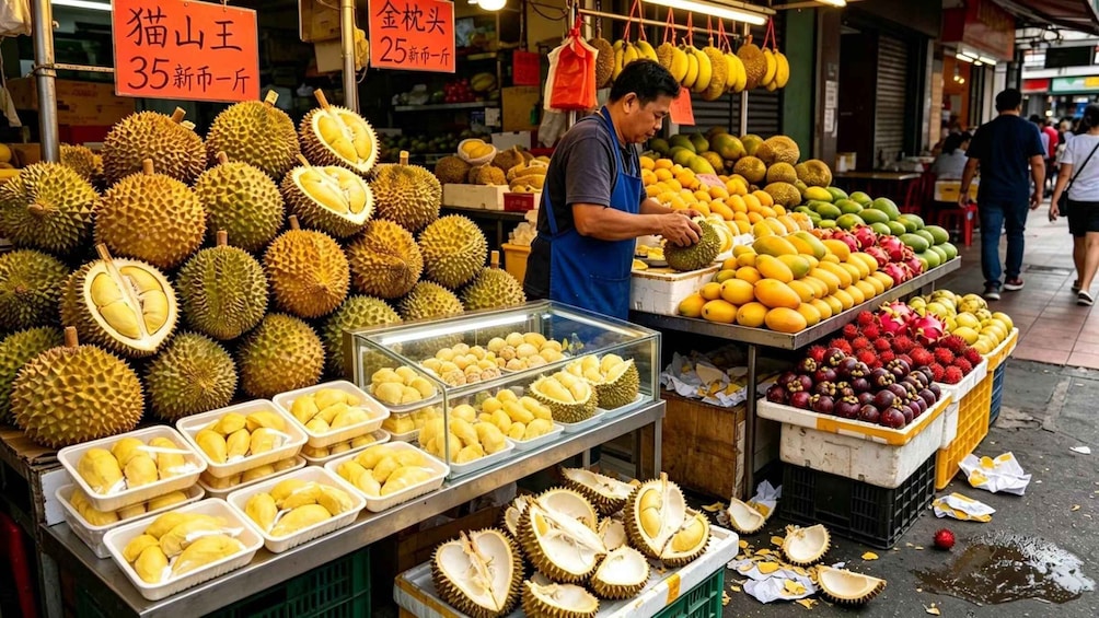 A fruit market with durians, mangoes, and other tropical fruits on display. 5