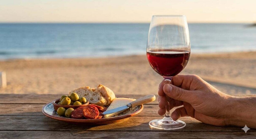 A hand holding a wine glass with red wine, a plate with olives and bread, and a knife on a wooden table by the beach. 1