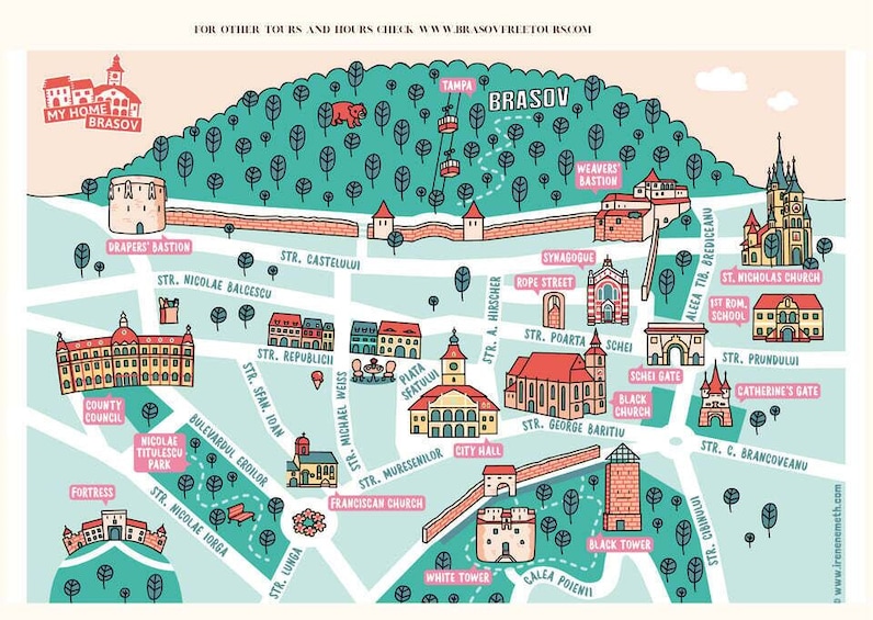 Une carte de Brașov indiquant les principaux monuments, tels que l’église noire, la tour blanche et la porte noire. 3
