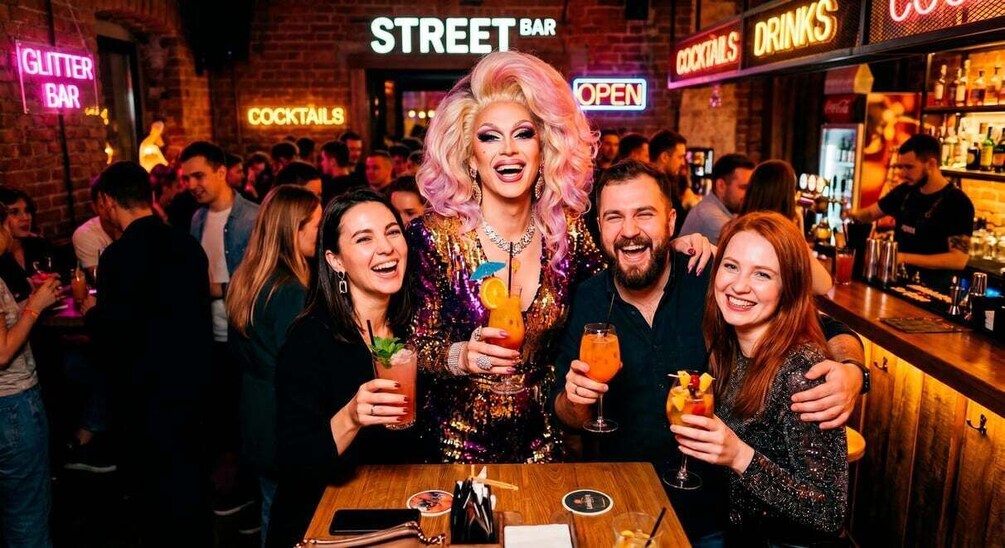 A group of people at a bar with neon signs for 'Street Bar,' 'Cocktails,' and 'Glitter Bar.' 2