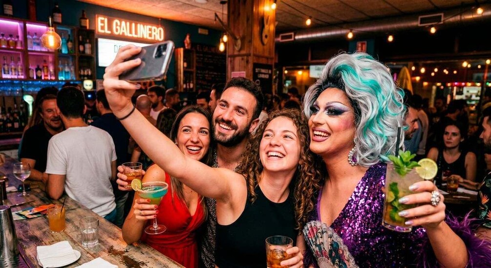A bar scene with people holding drinks and taking a selfie. 4