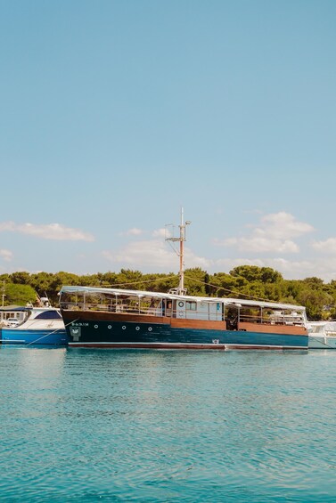 A large boat docked at a marina with a clear sky and trees in the background. 4