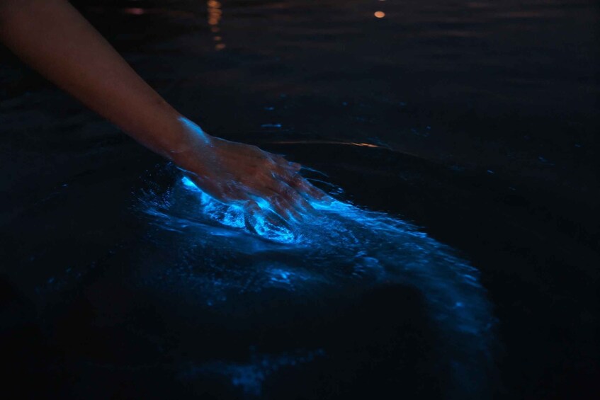 A hand touching water with a blue glow. 1