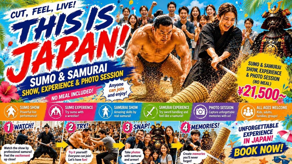 A promotional poster for a Sumo and Samurai show in Japan, featuring a sumo wrestler, a samurai, and a photo session. 2