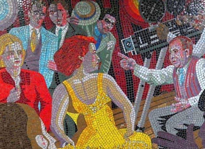 A mosaic with figures in various poses and attire, including a person in a yellow dress and another in a red suit. 5