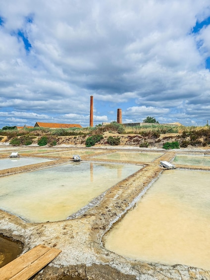 Terraced salt pans with two brick chimneys in the background. 1