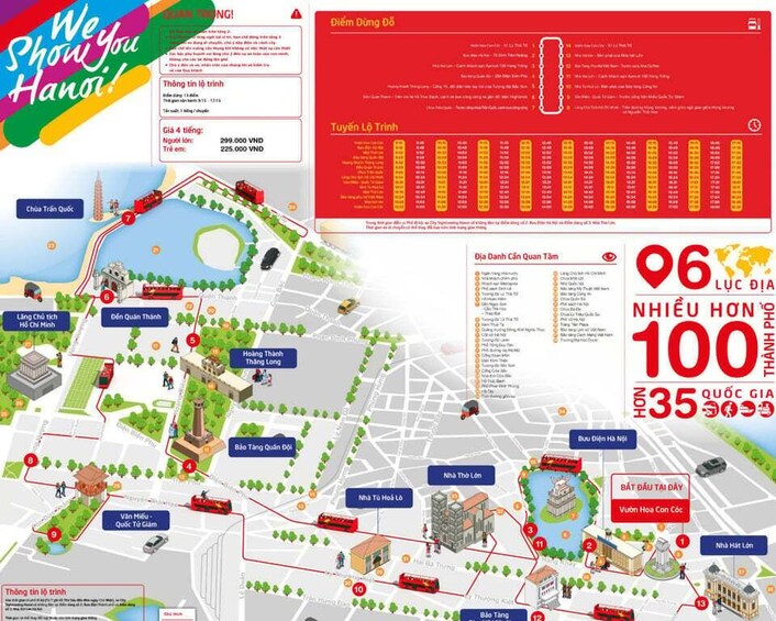 A detailed map of Hanoi with landmarks like the Temple of Literature, Hoan Kiem Lake, and the Old Quarter. 5