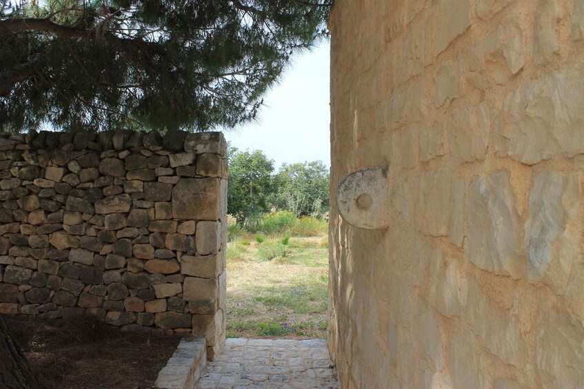 A stone wall, a pathway, and a tree. 4