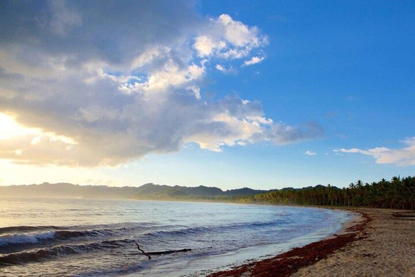 A beach with waves, a clear sky, and a distant mountain range. 3