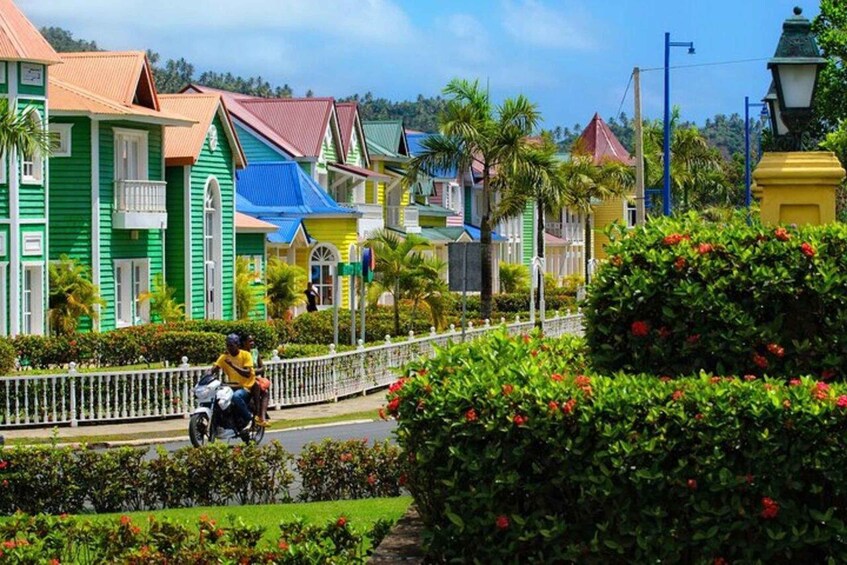 A street lined with colorful houses, a motorbike, and lush greenery. 4
