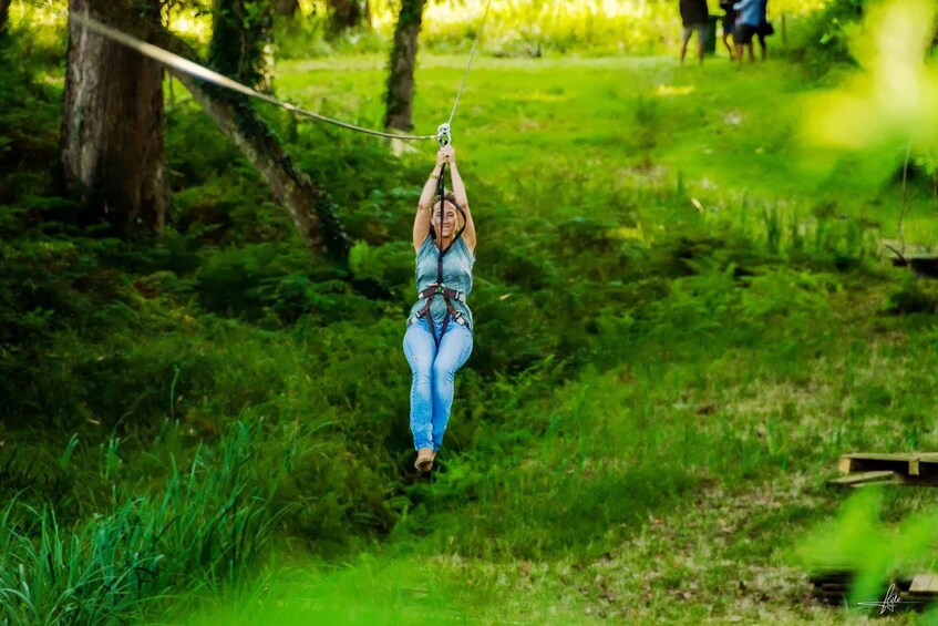 A person zip-lining through a forest. 2