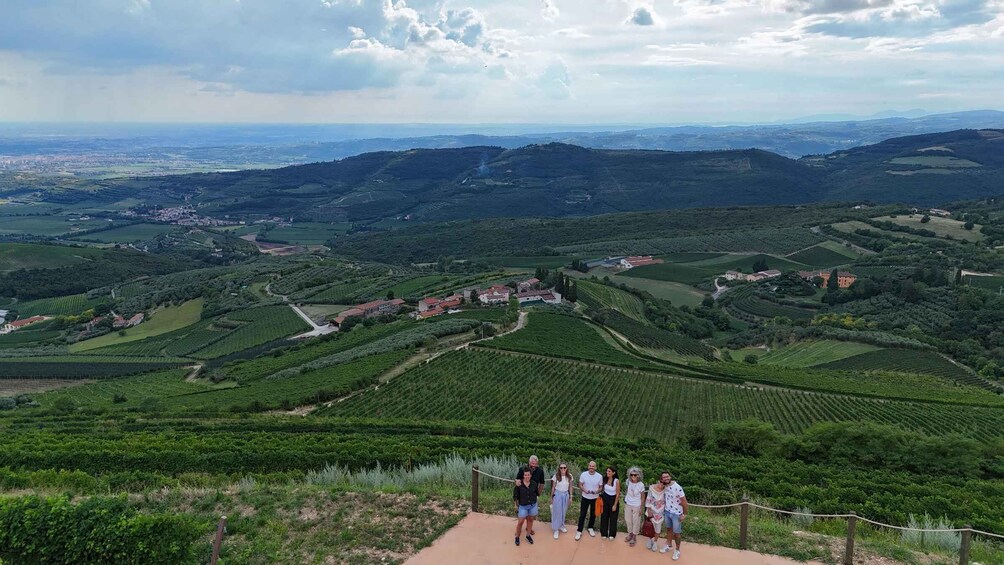A group of people standing on a viewing platform overlooking a vineyard with terraced fields and a distant town. 2