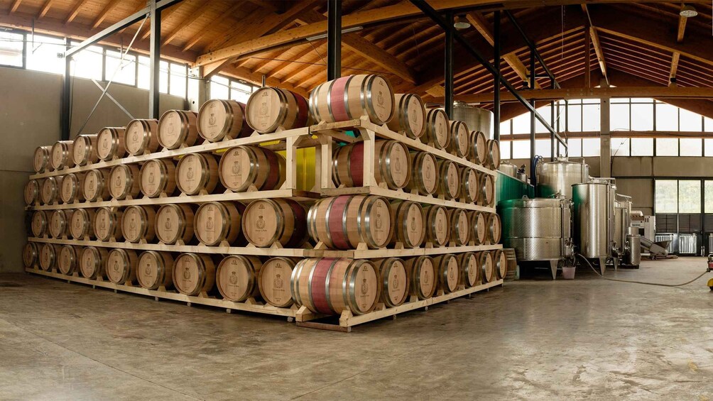 A warehouse with wooden barrels stacked on shelves and industrial equipment in the background. 3