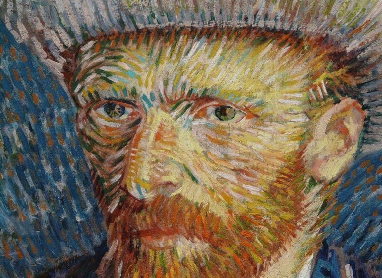 A close-up of a textured painting with abstract patterns and muted colors. 1
