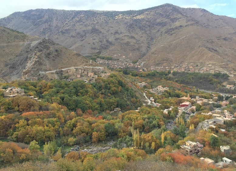 A mountainous landscape with a village nestled among trees with autumn foliage. 4