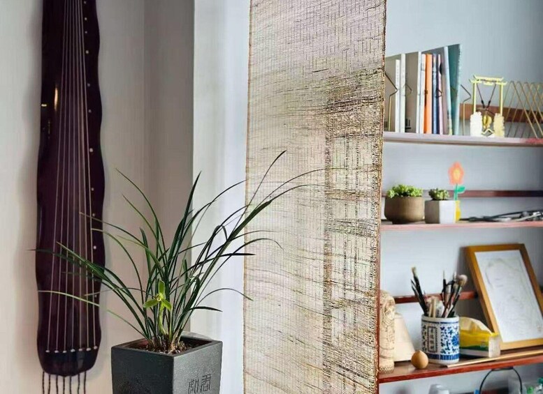 A traditional stringed instrument, a woven textile, and a potted plant in a domestic setting. 5