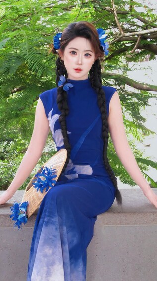 A person in a blue dress with a parasol, sitting outdoors with greenery in the background. 4