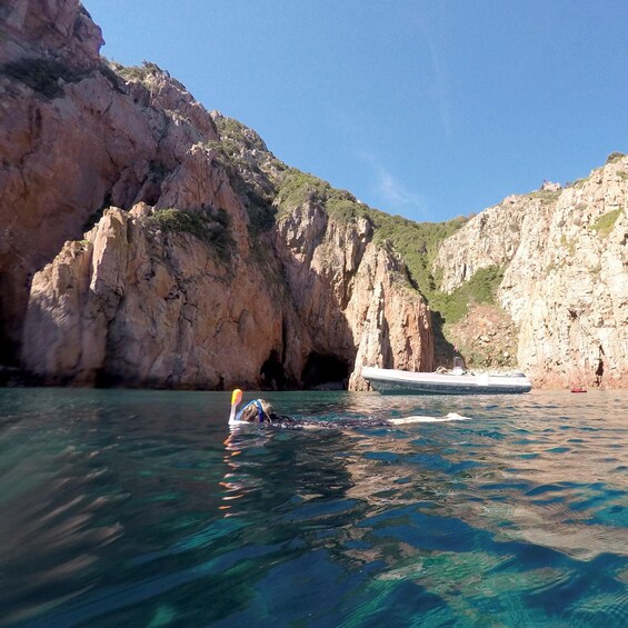 A diver underwater near a rocky coastline with a boat in the background. 4