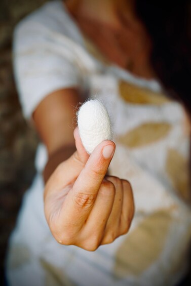 A person holding a white, fluffy object. 1