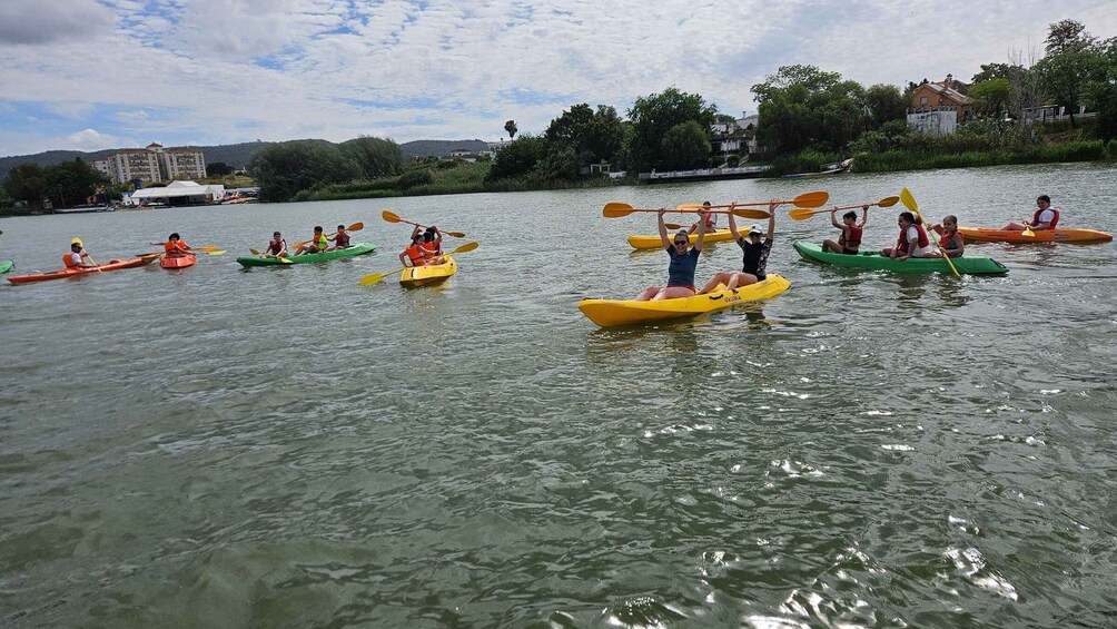 People kayaking on a calm river. 3