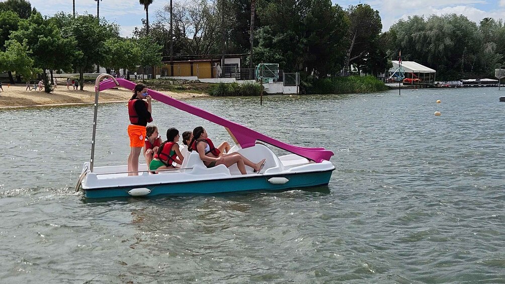 A boat with a pink canopy on a calm body of water, surrounded by trees and a dock. 4