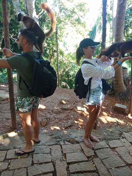 Two people with backpacks, one holding a monkey, in a natural setting with trees and a stone pathway. 1