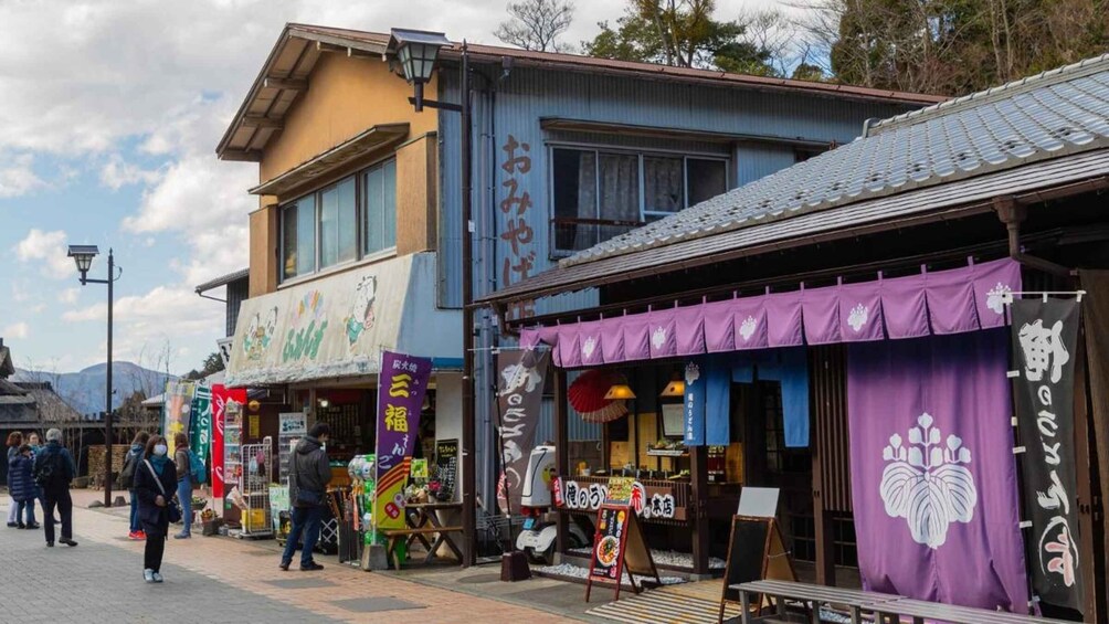 A street with shops, including a restaurant with a purple awning and a sign with Japanese characters. 4