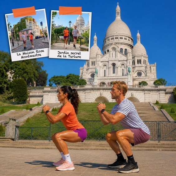 Two people exercising in front of a historic building. 2