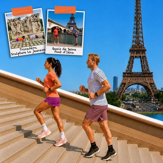 Two people running on a bridge with the Eiffel Tower in the background. 1