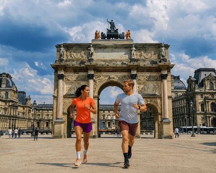 Two people running in front of a historic archway with intricate sculptures and architecture. 5