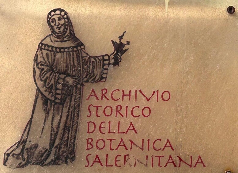A historical figure with a staff, labeled 'ARCHIVIO STORICO DELLA BOTANICA SALERNITANA.' 2