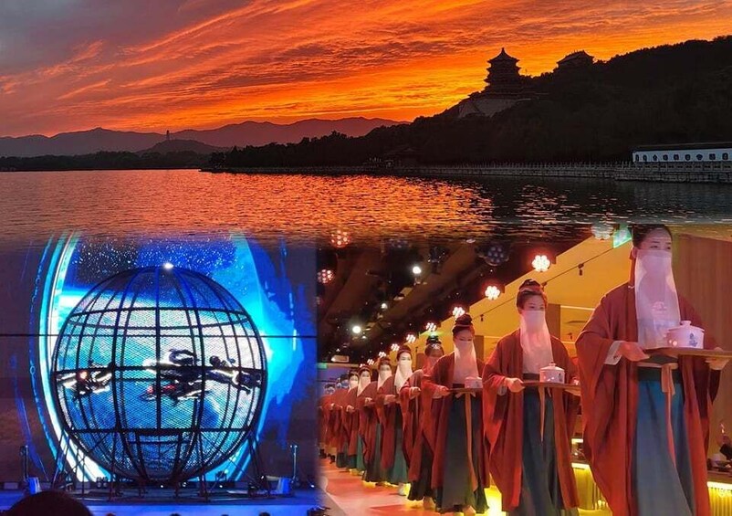 A traditional performance with actors in period costumes, a large illuminated globe, and a scenic sunset over water with mountains in the background. 1