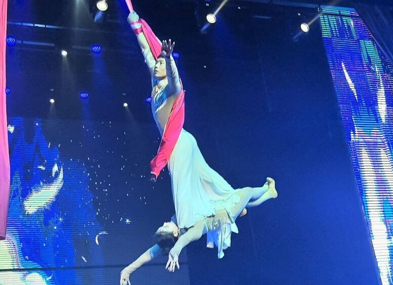 A performer in mid-air with a pink and blue costume, performing on a stage with a large LED screen in the background. 5
