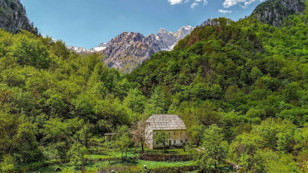 A rustic stone house surrounded by lush greenery and mountains in the background. 1