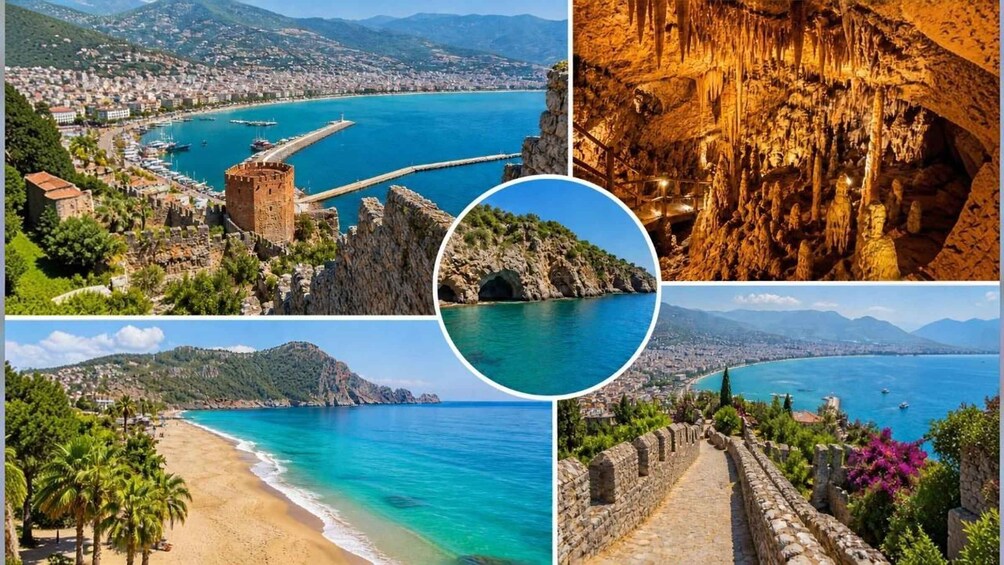 Coastal landscapes, a historic tower, a cave, a beach, and a fortified path. 1