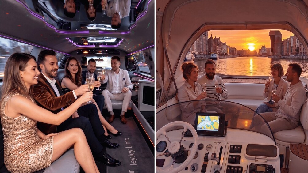 A luxury boat interior with passengers toasting, a cityscape with a sunset, and a navigation screen. 1
