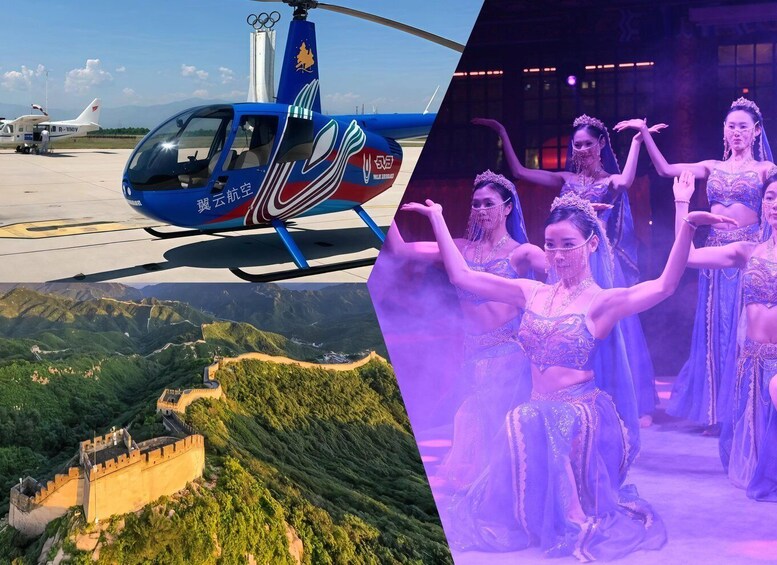 A blue helicopter with a logo, a view of the Great Wall of China, and a group of dancers in blue costumes. 1