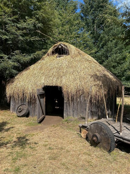 A thatched-roof hut with a wooden door, a wheel, and a wooden structure nearby. 5