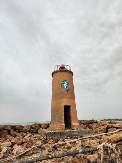 A lighthouse with a blue shark mural on its side, situated on a rocky shore with the sea in the background. 1