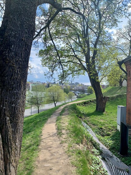 A dirt path with trees, a brick structure, and a distant cityscape. 4