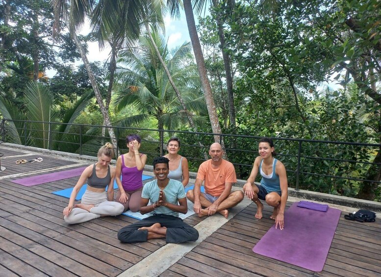 A group of people sitting on yoga mats on a wooden deck surrounded by lush greenery. 4